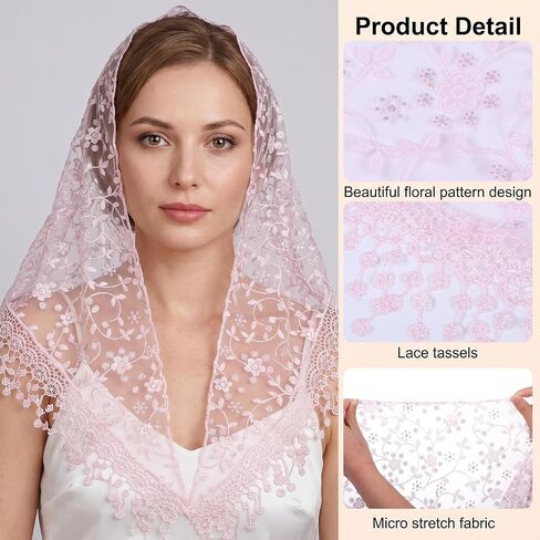 MAQUITA 8 Pcs Triangle Lace Veils for Church, Mantilla Veil Set with Tassel, Catholic Chapel Head Covering for Women, Floral Lace Scarf for Wedding Funeral Mass, 8 Colors 55x17.7 Inches in Kuwait