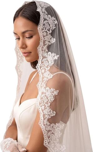 Mantilla Wedding Veil Lace Edge Fingertip Length Bridal Veil with Comb for Bride in Saudi Arabia