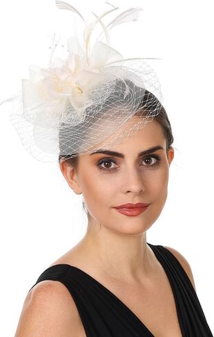 SAFERIN Women's Fascinators Feathers Tea Party Hat Veil Headband with Hair Clip for Cocktail Church in Kuwait