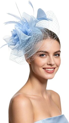SAFERIN Women's Fascinators Feathers Tea Party Hat Veil Headband with Hair Clip for Cocktail Church in Kuwait
