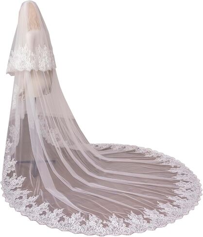 2 Tier Cathedral Length Floral Lace Wedding Bridal Veil with Comb for Brides in Saudi Arabia
