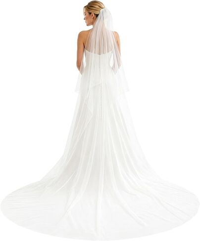 2-Tier Cathedral Wedding Veil with Comb, Bridal Wedding Veil 9.8 Ft Length with 2.6 Ft Blusher, Soft Tulle Double Layer Wedding Mantilla Bridal Tulle Hair Accessoies for Ceremony and Photos in Kuwait