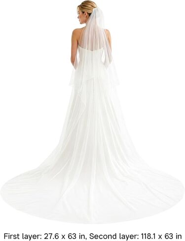2-Tier Cathedral Wedding Veil with Comb, Bridal Wedding Veil 9.8 Ft Length with 2.6 Ft Blusher, Soft Tulle Double Layer Wedding Mantilla Bridal Tulle Hair Accessoies for Ceremony and Photos in Kuwait