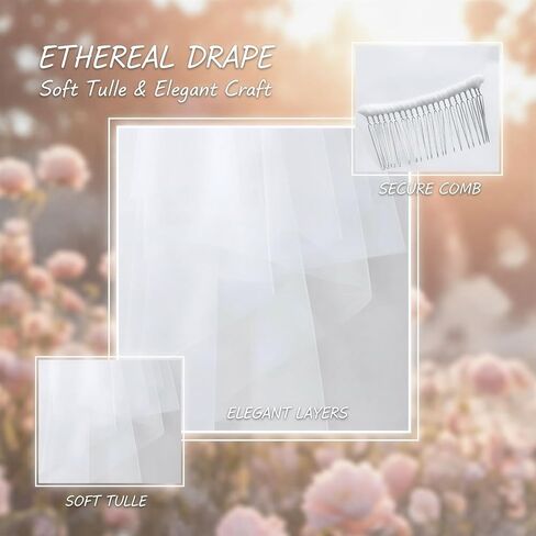 2-Tier Cathedral Wedding Veil with Comb, Bridal Wedding Veil 9.8 Ft Length with 2.6 Ft Blusher, Soft Tulle Double Layer Wedding Mantilla Bridal Tulle Hair Accessoies for Ceremony and Photos in Kuwait
