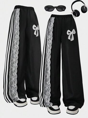 Fashion Girl lace Decoration and Bow Print Straight Leg Pants, Casual and Loose in Kuwait