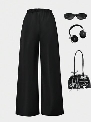 Fashion Girl lace Decoration and Bow Print Straight Leg Pants, Casual and Loose in Kuwait