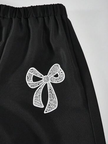 Fashion Girl lace Decoration and Bow Print Straight Leg Pants, Casual and Loose in Kuwait