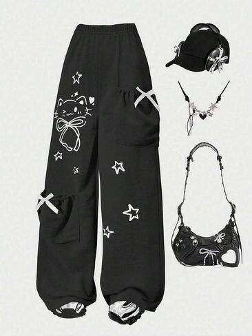 Girls' Fashionable Casual Pants, Black Straight Leg Pants paired with Cute cat and Star Prints, Bow Pocket Design in Kuwait