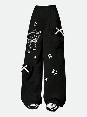 Girls' Fashionable Casual Pants, Black Straight Leg Pants paired with Cute cat and Star Prints, Bow Pocket Design in Kuwait