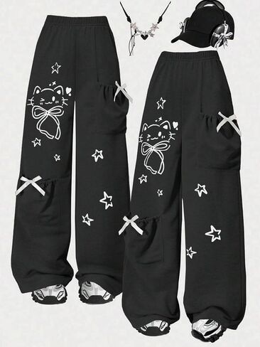 Girls' Fashionable Casual Pants, Black Straight Leg Pants paired with Cute cat and Star Prints, Bow Pocket Design in Kuwait