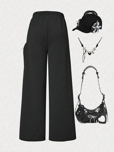 Girls' Fashionable Casual Pants, Black Straight Leg Pants paired with Cute cat and Star Prints, Bow Pocket Design in Kuwait