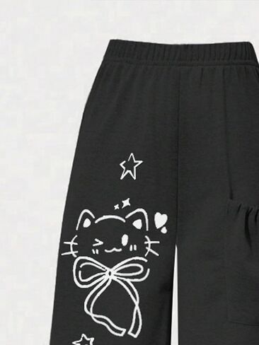 Girls' Fashionable Casual Pants, Black Straight Leg Pants paired with Cute cat and Star Prints, Bow Pocket Design in Kuwait