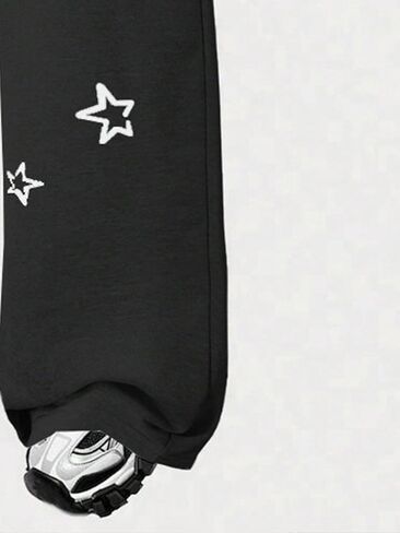 Girls' Fashionable Casual Pants, Black Straight Leg Pants paired with Cute cat and Star Prints, Bow Pocket Design in Kuwait
