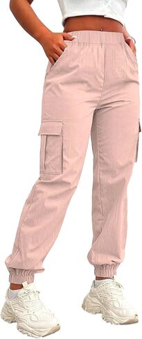 Girls Cargo Jogger Pants, Elastic Waist Casual Pants with Multi-Pockets for Kids School Daily Wear in Kuwait