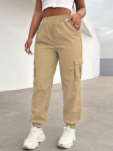 Girls Cargo Jogger Pants, Elastic Waist Casual Pants with Multi-Pockets for Kids School Daily Wear in Kuwait