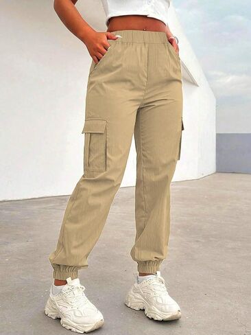 Girls Cargo Jogger Pants, Elastic Waist Casual Pants with Multi-Pockets for Kids School Daily Wear in Kuwait