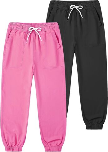 2 Pack Girls' Cargo Pants Kids Active Jogger Pants Girls Casual Pull On Cotton Pants with Drawstring Pockets in Kuwait