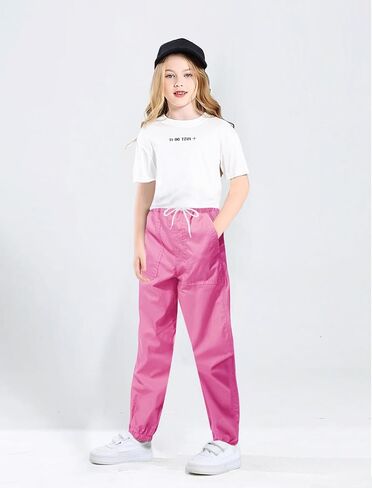 2 Pack Girls' Cargo Pants Kids Active Jogger Pants Girls Casual Pull On Cotton Pants with Drawstring Pockets in Kuwait