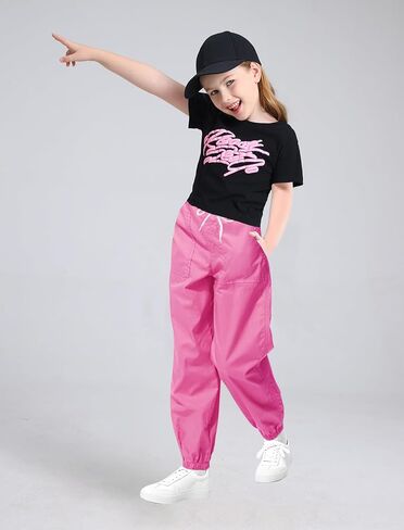 2 Pack Girls' Cargo Pants Kids Active Jogger Pants Girls Casual Pull On Cotton Pants with Drawstring Pockets in Kuwait