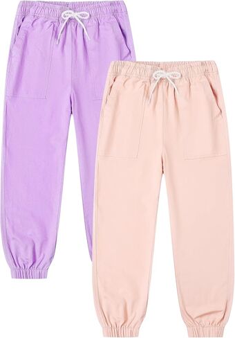 2 Pack Girls' Cargo Pants Kids Active Jogger Pants Girls Casual Pull On Cotton Pants with Drawstring Pockets in Kuwait