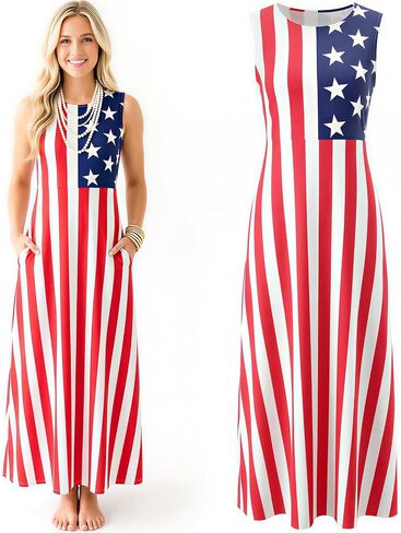 Women 4th of July American Flag Maxi Dress Sleeveless Patriotic Sundress with Pocket Casual Breathable Long Dress in Kuwait
