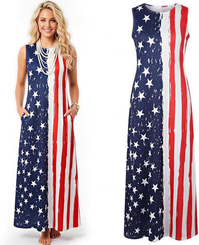 Women 4th of July American Flag Maxi Dress Sleeveless Patriotic Sundress with Pocket Casual Breathable Long Dress in Kuwait