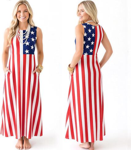 Women 4th of July American Flag Maxi Dress Sleeveless Patriotic Sundress with Pocket Casual Breathable Long Dress in Kuwait