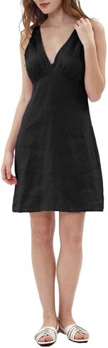 Amazhiyu Women's 100% Linen Sleeveless Summer Knee-Length V-Neck A-Line Dress in Kuwait
