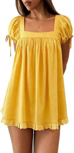 Awoscut Women's Babydoll Mini Dress Summer Petal Sleeves Scoop Neck Loose A Line Frill Short Sundress for Beach Club Party in Saudi Arabia