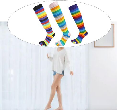 1 Pair Rainbow Toe Socks Colorful 5 Calf Rainbow Striped Leg Warmers Funny Long for Women and Girls Home Socks in Kuwait