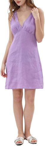 Amazhiyu Women's 100% Linen Sleeveless Summer Knee-Length V-Neck A-Line Dress in Kuwait