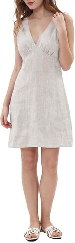 Amazhiyu Women's 100% Linen Sleeveless Summer Knee-Length V-Neck A-Line Dress in Kuwait