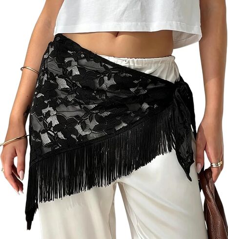 Women Y2k Lace Hip Scarf Triangle Tassel Waist Chain Belt Skirt Mesh Beach Cover Up Skirt Wraps in Kuwait