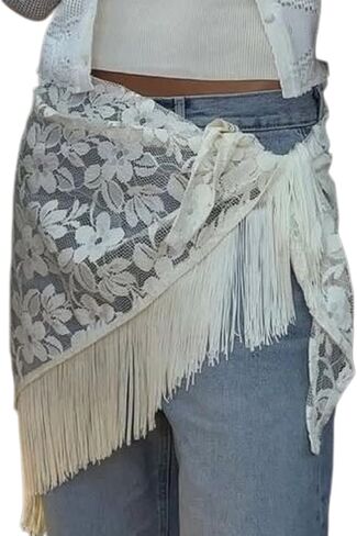 Women Y2k Lace Hip Scarf Triangle Tassel Waist Chain Belt Skirt Mesh Beach Cover Up Skirt Wraps in Kuwait