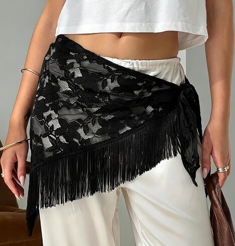 Women Y2k Lace Hip Scarf Triangle Tassel Waist Chain Belt Skirt Mesh Beach Cover Up Skirt Wraps in Kuwait