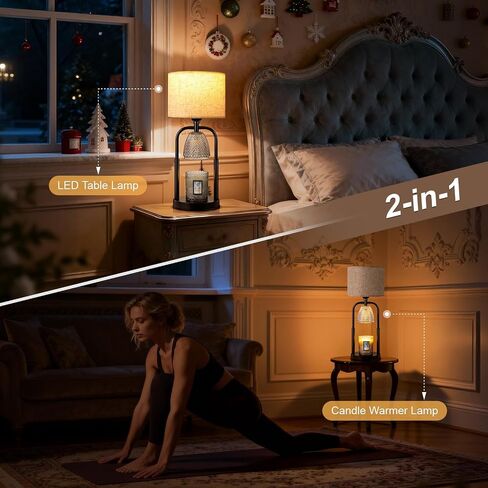 Tantascent Black Rod Fabric Shade Table Lamp & Candle Warmer 2-in-1with Timer & Dimmable Light - Adjustable Height Jar Candle Melter with Black Metal Base, Home Decor Gift Set (Includes 2 Bulbs) in Saudi Arabia
