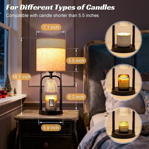 Tantascent Black Rod Fabric Shade Table Lamp & Candle Warmer 2-in-1with Timer & Dimmable Light - Adjustable Height Jar Candle Melter with Black Metal Base, Home Decor Gift Set (Includes 2 Bulbs) in Saudi Arabia