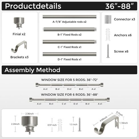 HEI! DEAR Brushed Nickel Curtain Rods for Windows 48 to 84 Inch(4-7ft), 1 Inch Diameter Heavy Duty Curtain Rod, Adjustable Decorative Drapery Poles 36-88", Satin Nickel in Saudi Arabia