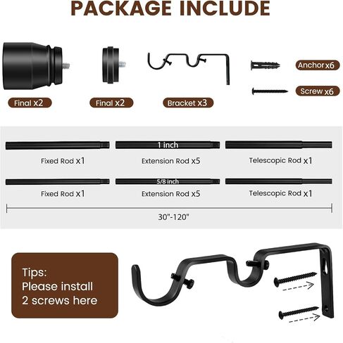 Heavy Duty Double Curtain Rod 84-120 Inch Length, 1 Inch Adjustable Matte Black Double Curtain Rod with Brackets, Long Double Curtain Rod for Windows Sliding Door (Black, 32-120", 1 PCS) in Saudi Arabia