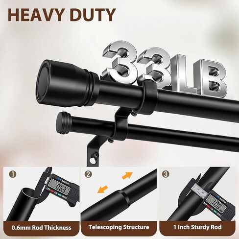 Heavy Duty Double Curtain Rod 84-120 Inch Length, 1 Inch Adjustable Matte Black Double Curtain Rod with Brackets, Long Double Curtain Rod for Windows Sliding Door (Black, 32-120", 1 PCS) in Saudi Arabia