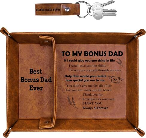 Stepdad Bonus Dad Gifts for Fathers Day PU Leather Valet Tray and Keychain, Birthday Gift for Dad from Son Daughter, Men Gift for Bonus Step Dad Stepfather, Best Dad Ever, First New Daddy Presents in Kuwait