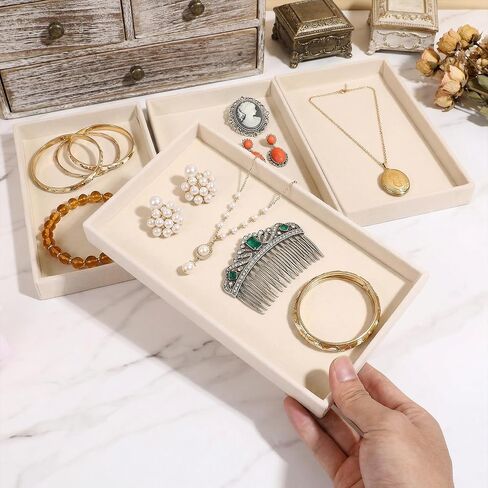 12 Pack Velvet Jewelry Trays, 8.3x5x0.9 Inches Stackable Jewelry Organizer Inserts for Women, Beige Display Trays for Necklace Earring Ring Bracelet in Saudi Arabia