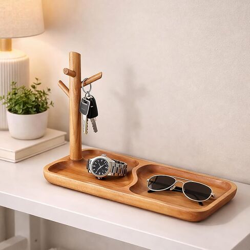 Acacia Wood Key Tray for Entryway Table, Wooden Catchall Organizer with Jewelry Storage Rack, Valet Tray for Keys Wallet Watches Sunglasses Rings(Square) in Saudi Arabia