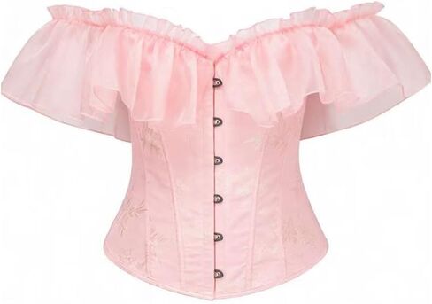 Victorian Style Off-Shoulder Corset, Damask Pattern with Organza Ruffle, Steel Boned in Saudi Arabia
