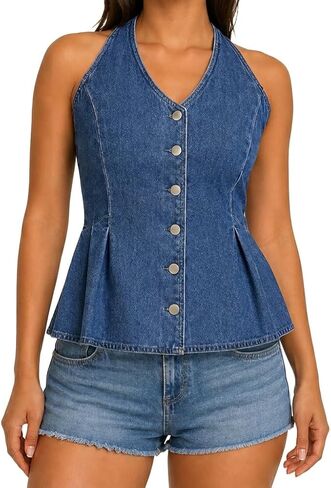 Womens Denim Halter Top Peplum Flare Corset Style Back Smocked Elastic Waist Summer Going Out Fitted Jean Top in Saudi Arabia