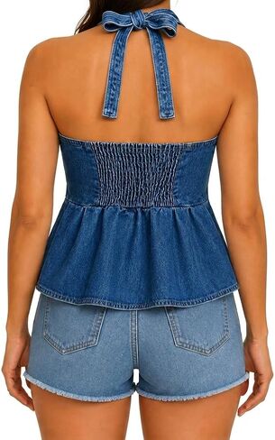 Womens Denim Halter Top Peplum Flare Corset Style Back Smocked Elastic Waist Summer Going Out Fitted Jean Top in Kuwait
