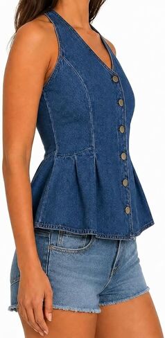 Womens Denim Halter Top Peplum Flare Corset Style Back Smocked Elastic Waist Summer Going Out Fitted Jean Top in Kuwait