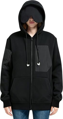 Travel Hoodie with Built-In Eye Mask for Airplane Travel Sleep Comfort Zipper Sweatshirt Breathable Multi Pockets in Saudi Arabia