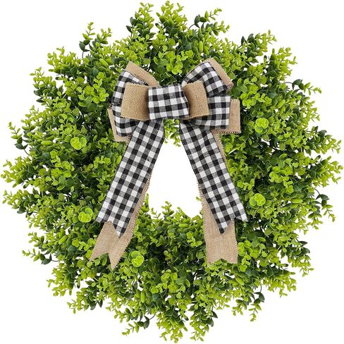 28'' Large Boxwood Wreath with Bowknot for Front Door, Artificial Greenery Door Wreath Home Decor for Wall Porch Window Kitchen Outdoor Indoor Wedding, All Seasons in Saudi Arabia