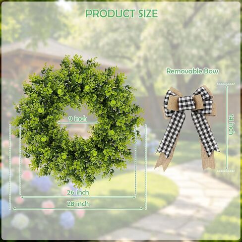 28'' Large Boxwood Wreath with Bowknot for Front Door, Artificial Greenery Door Wreath Home Decor for Wall Porch Window Kitchen Outdoor Indoor Wedding, All Seasons in Saudi Arabia